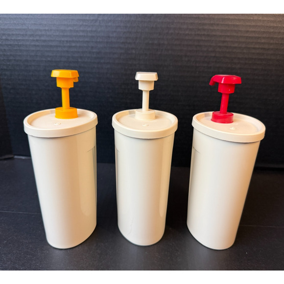 Vtg Tupperware Pump Dispensers Condiments Ketchup Mayo Mustard Set Of 3 *READ - Picture 2 of 12